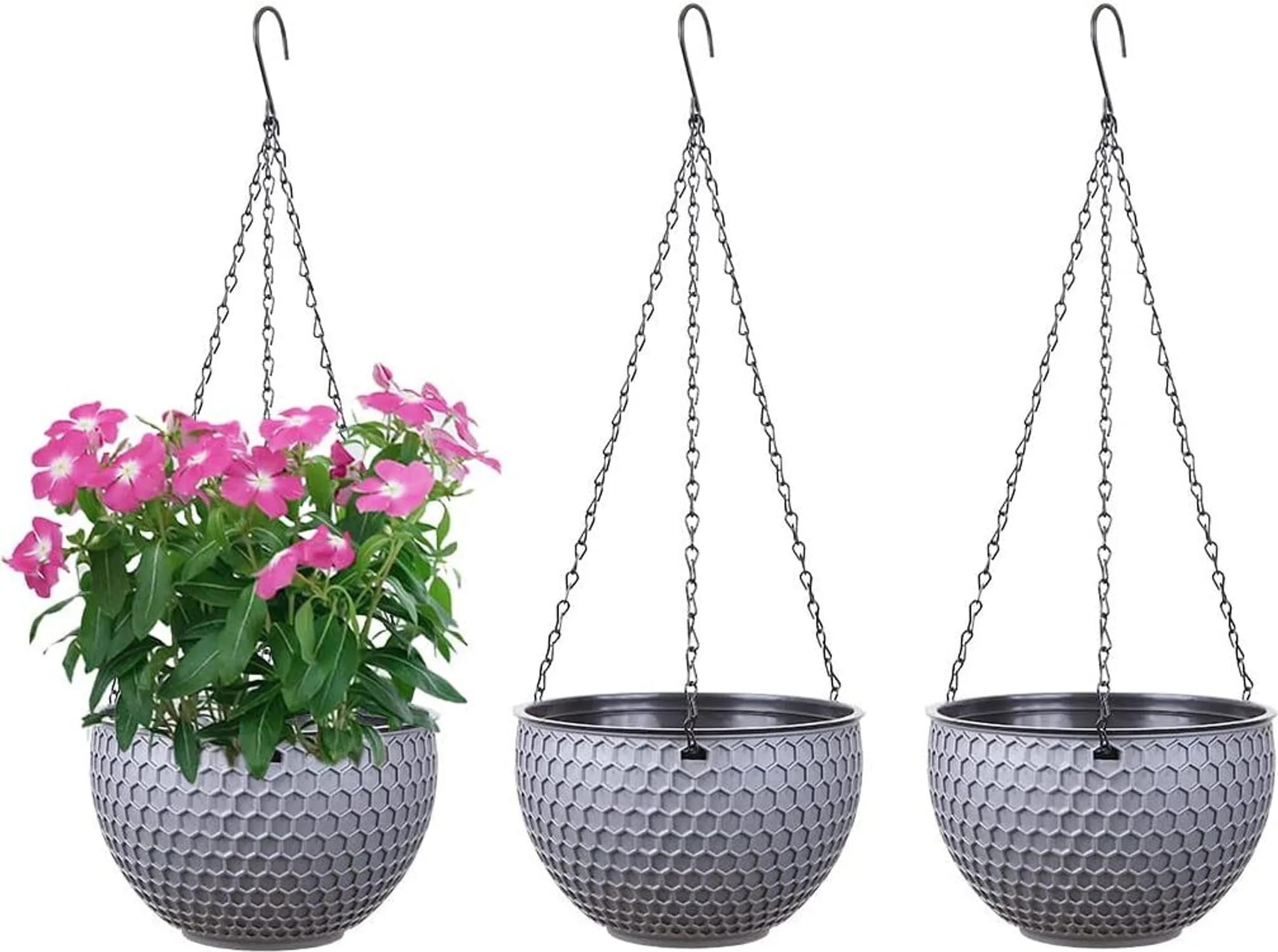 3-teiliges Hängepflanzgefäß-set Mit Selbstbewässerung, Wasserreservoir, Abflusslöchern, Wabenförmiger, Rostfreier Kette, Dunkelgrau, Größe S (16,5 Cm)