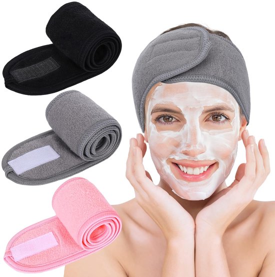 Dreiteiliges Set – Gesichtsmaskenband – Verstellbar – Geeignet Zum Gesichtwaschen Unter Der Dusche – Weiches Frotteetuch – Geeignet Für Yoga – Schwarz, Rosa, Grau