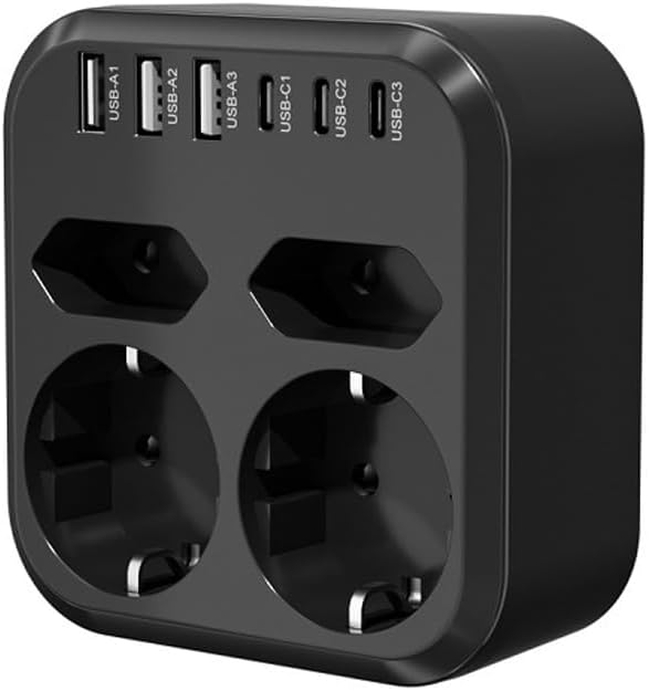 Europäische Standard-steckdosenleiste Mit 10 Funktionen: 4 Steckdosen, 6 Usb-schnellladeanschlüsse Und 7 Steckdosen Mit Überspannungsschutz.