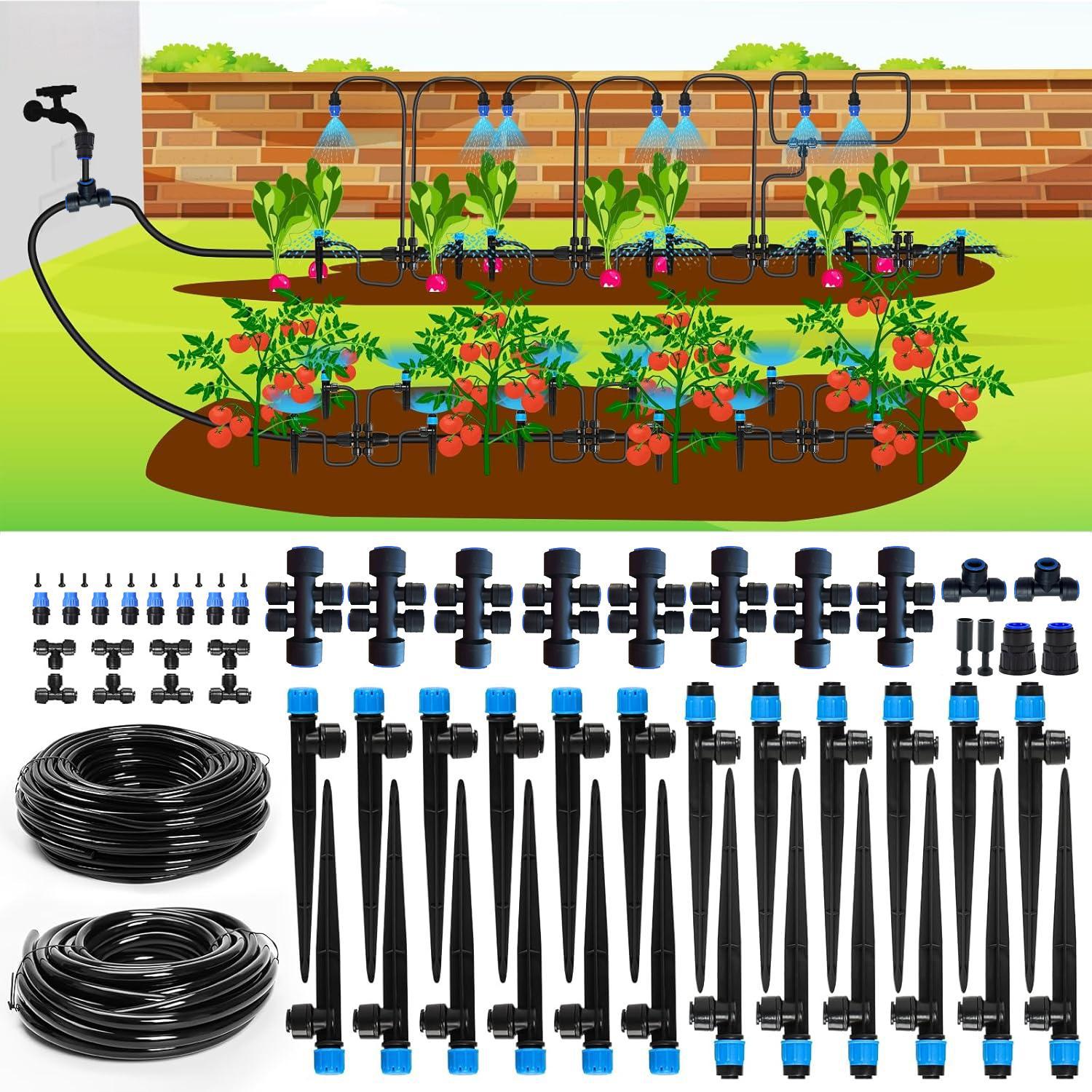 Tropfbewässerungssystem 10 M + 60 M – Schnellanschluss-gartenbewässerungsset Mit Verstellbaren Tropfern – 6,35 Mm & 7,96 Mm Schläuche – Hochbeete – Gewächshaus