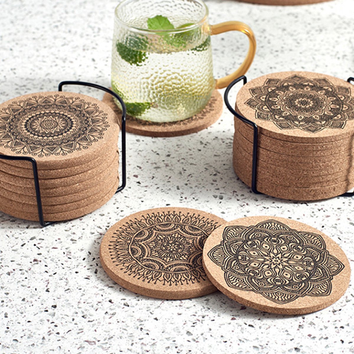 12 Korkuntersetzer Mit Halter – Gläser Mit Mandala-motiven – Stilvoller Und Natürlicher Tischschutz – Rund – Langlebig – Rutschfest – 12 Stück