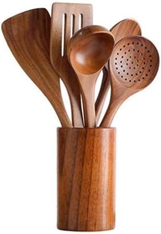 Kochutensilien-set Aus Naturholz – Langstielige Löffel, Schöpfkellen, Pfannenwender, Antihaftbeschichtet, 5+1-teilig