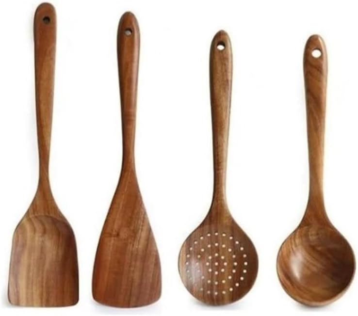 Kochutensilien-set Aus Naturholz, Küchenhelfer, Langstieliger Holzlöffel, Reislöffel, Suppenlöffel, Pfannenwender, Antihaftbeschichtet Und Leicht (4-teiliges Set)
