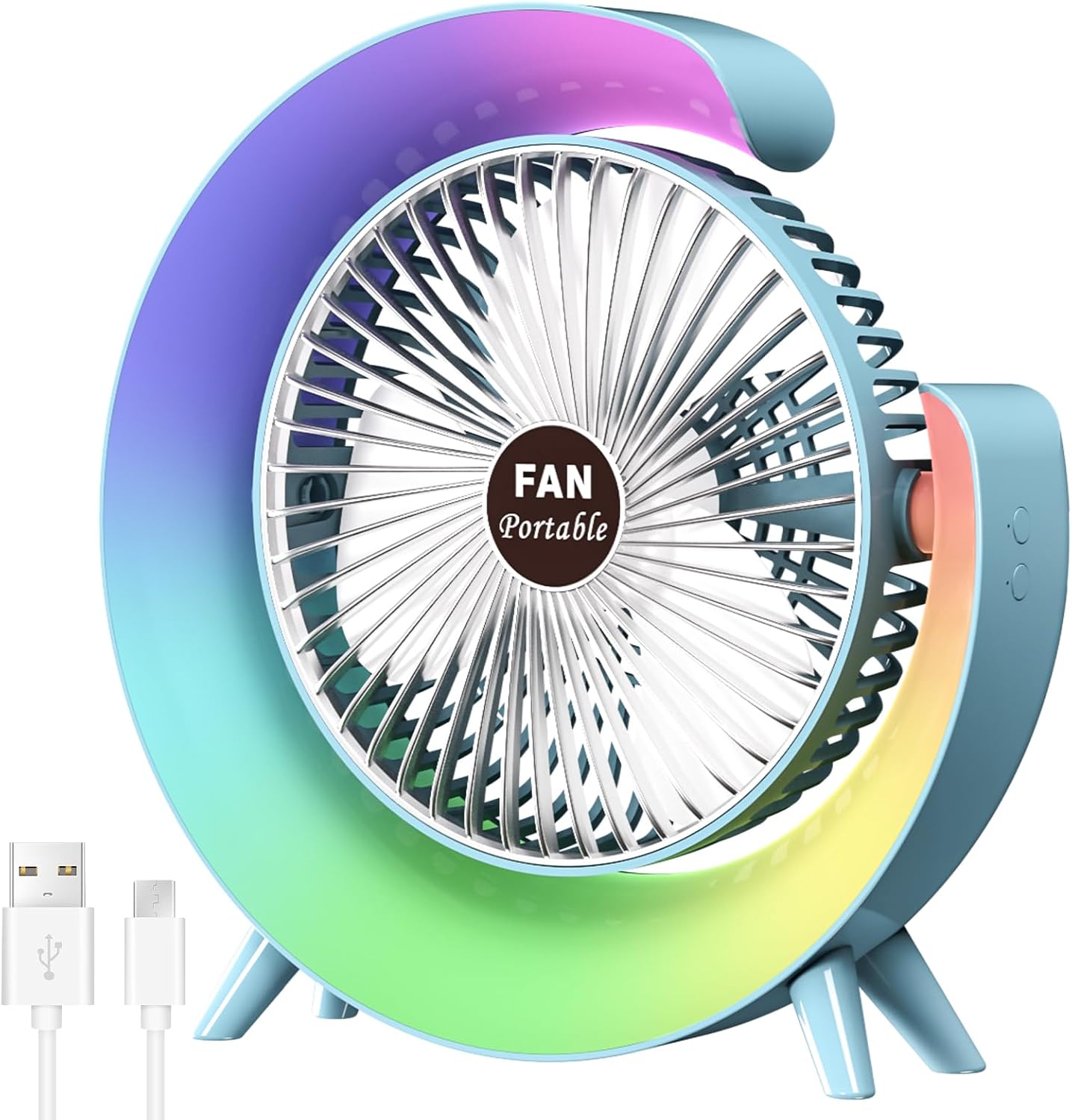 5-zoll-tischventilator Mit Led-beleuchtung, Tragbar, 3 Geschwindigkeitsstufen, 180° Neigung, Blau, Für Büro, Outdoor Und Camping – Klein