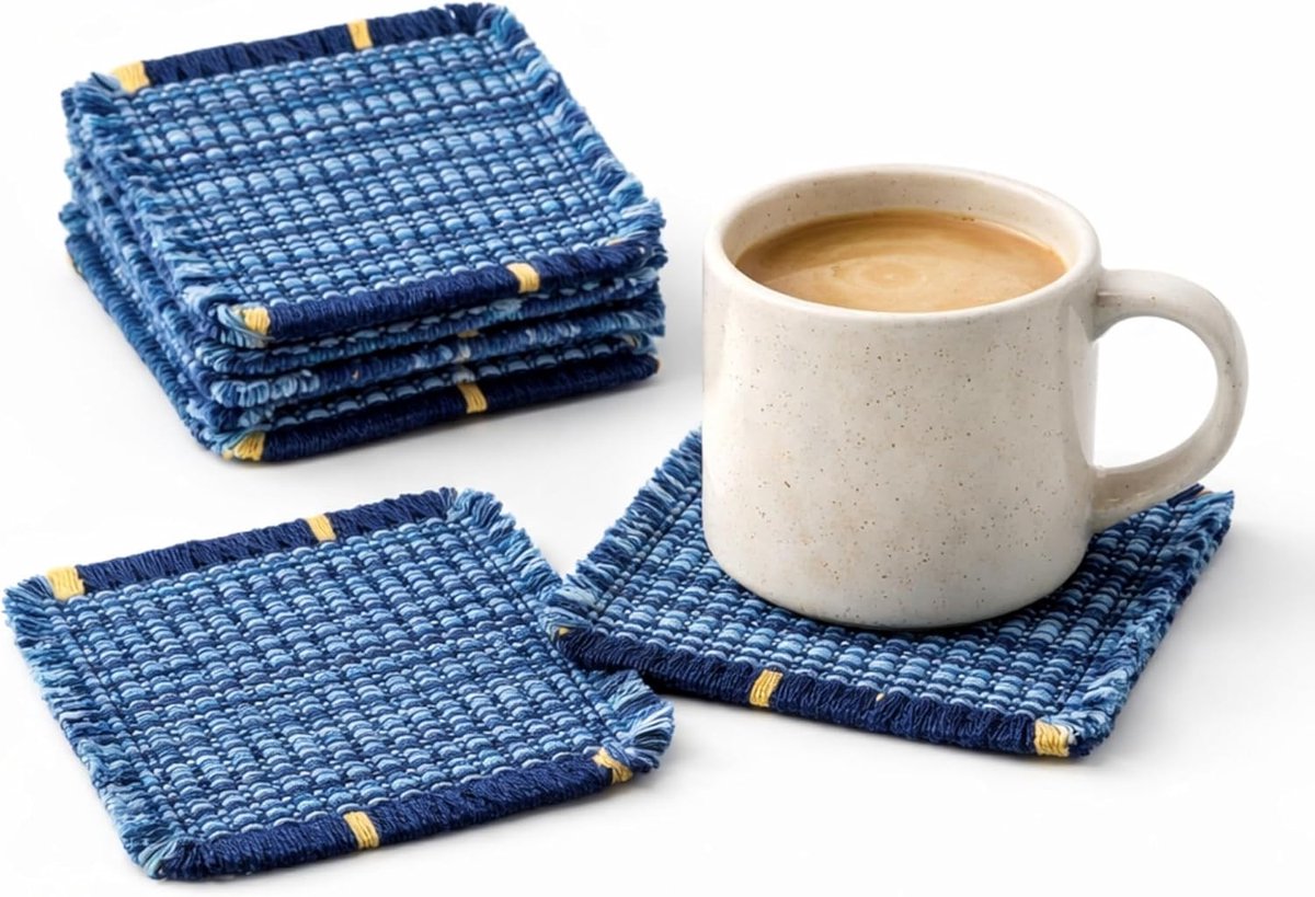 6-teiliges Set Handgewebter Runder Untersetzer Aus Baumwoll-denim In Blau (10x10cm), Hitzebeständige Matten Im Bohème-stil.