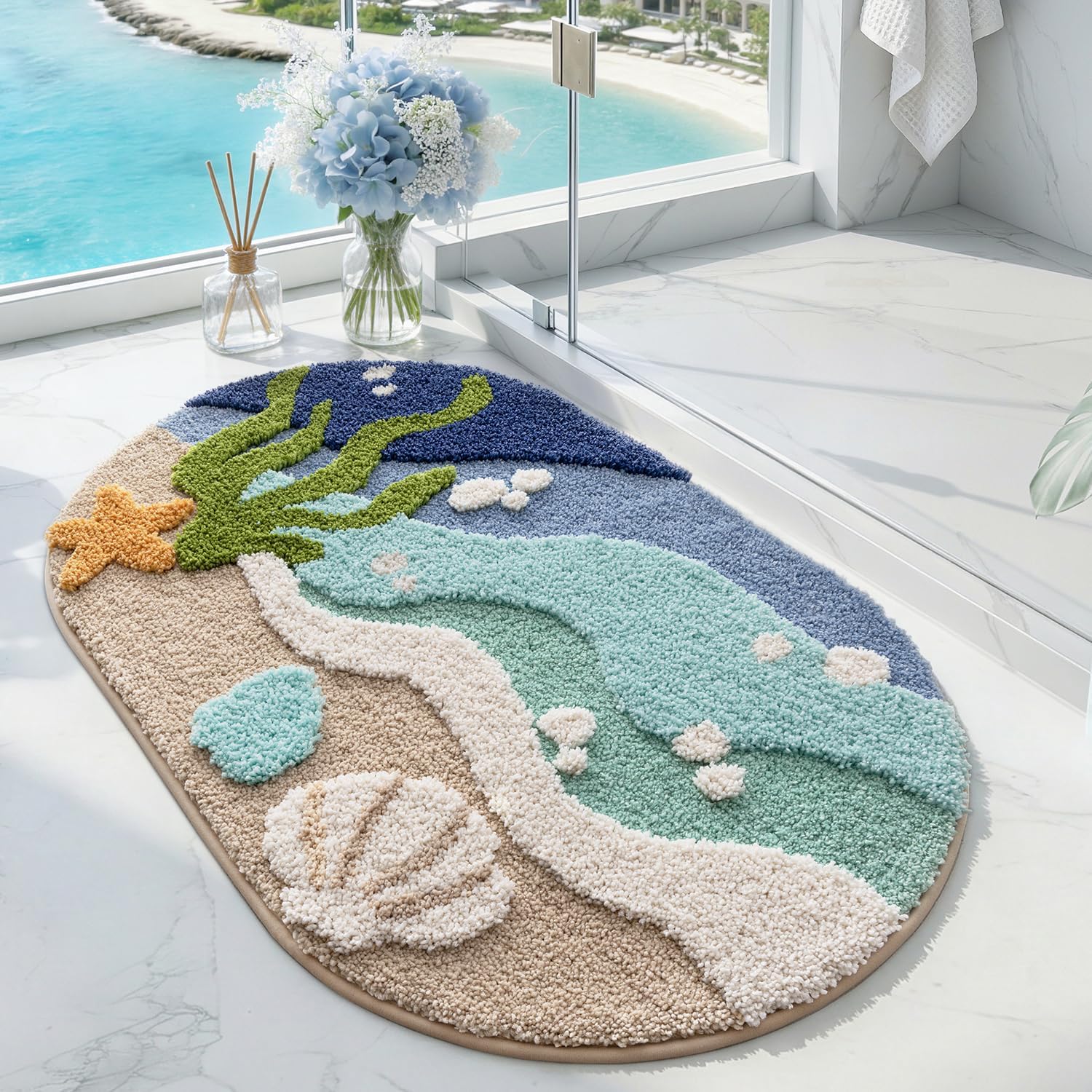 Rutschfeste Badematte, 60 X 90 Cm, Oval, Hoch Saugfähig, Waschbar, Mit Strand- Und Seesternmuster