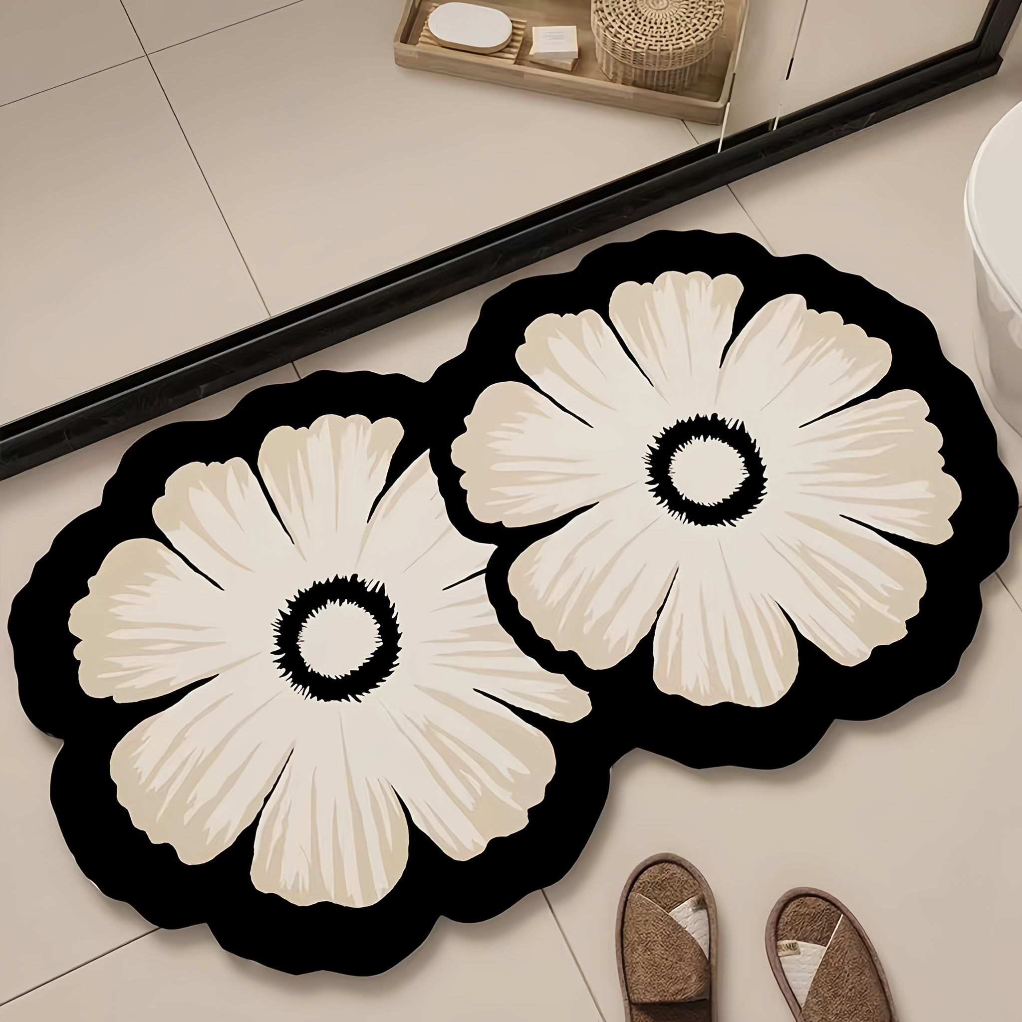 Badezimmermatte Aus Kieselgur Mit Blumenmuster, Rutschfest, Super Saugfähig Und Schnell Platzsparend (40x60cm)