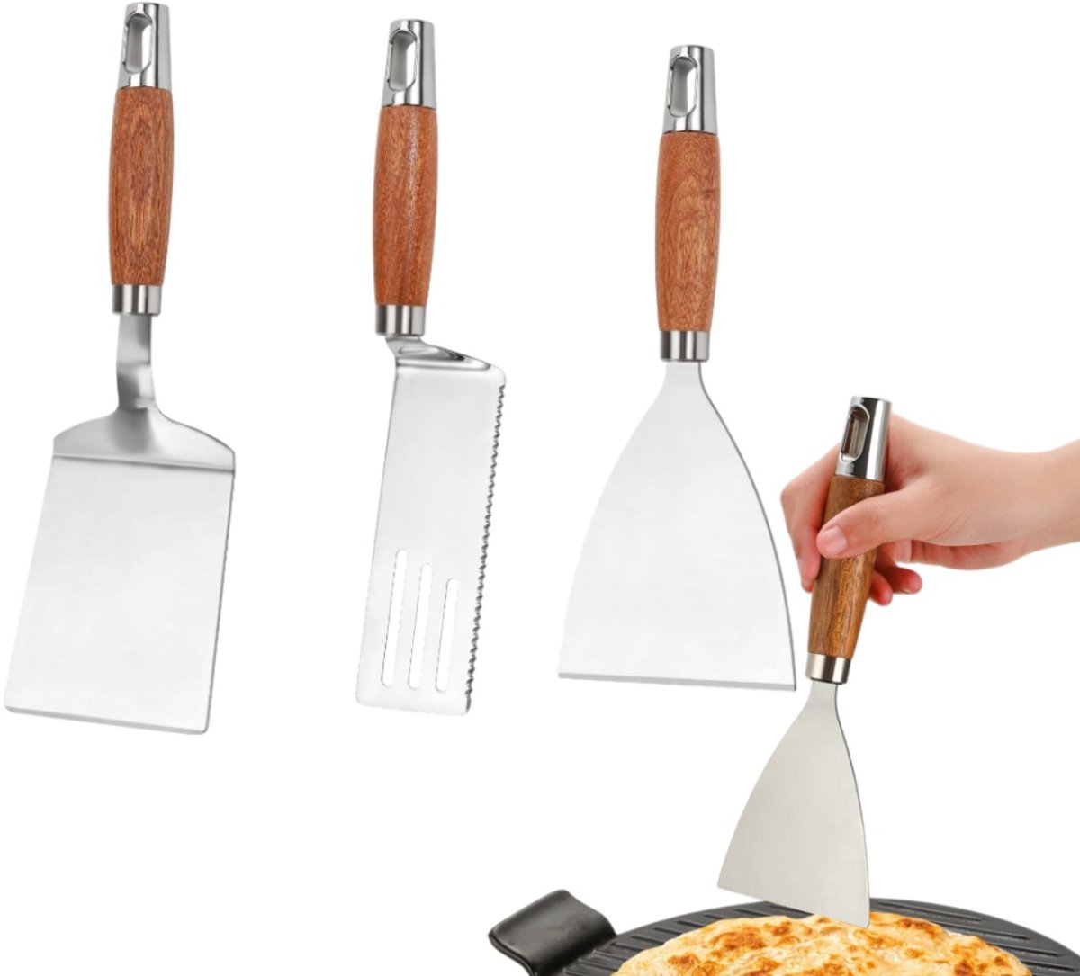 3-teiliges Kochlöffel-set Aus Edelstahl Mit Hitzebeständigem Holzgriff: Grilllöffel Und Woklöffel, Silberfarben, Edelstahl, 25,5 Cm