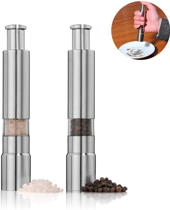 Pfeffermühle, Salzmühle, 2-teiliges Set, 15,3 Cm, Gewürzmühle, Edelstahl, Manuelle Mini-tragbare Mühle Mit Druckmechanismus, Silber