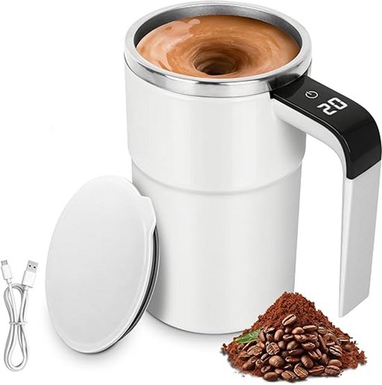 Wiederaufladbarer, Automatischer Kaffeebecher Mit Rührfunktion (380 Ml) Und Temperaturanzeige – Weiß