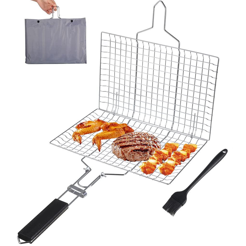 Grillkorb Aus Edelstahl Mit Griff, Bürste Und Aufbewahrungstasche – 32 X 22 Cm