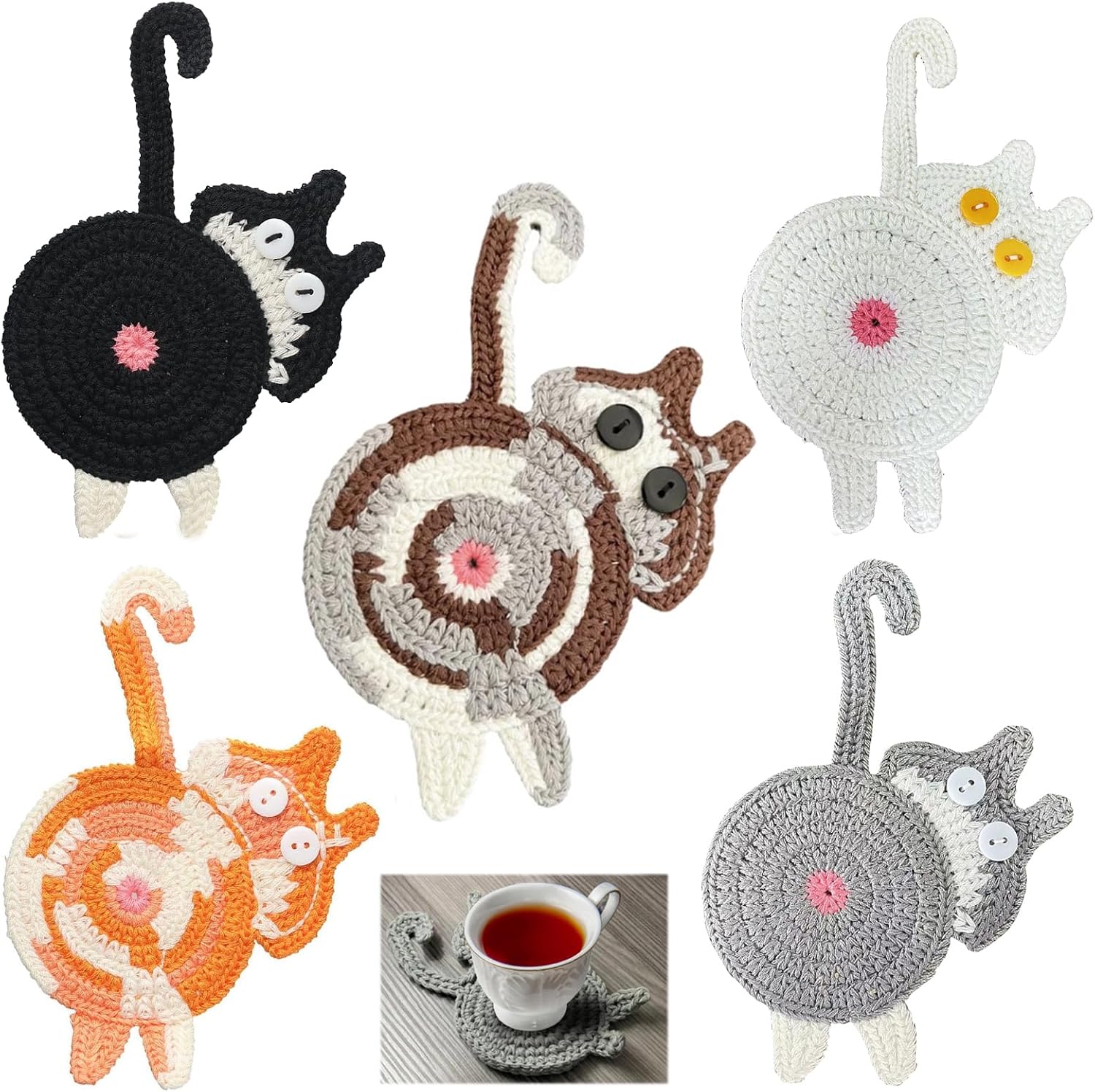 5er-set Getränkeuntersetzer – Niedliche, Gewebte Katzenuntersetzer Für Kaffee Und Tee – Ideales Geschenk Für Den Schreibtisch