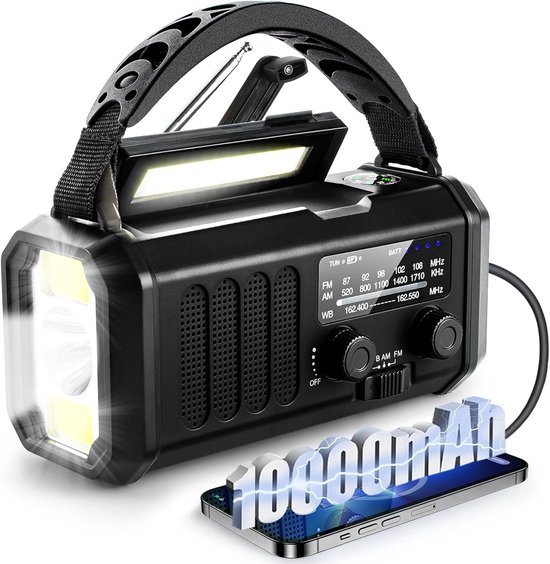 Notradio, Solarbetrieben, Handbetrieben, 10000 Mah, Schwarz