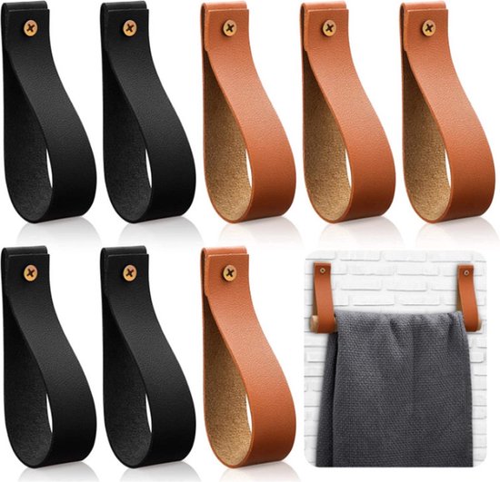 8er-pack Handtuchhaken Und Halterungen Aus Schwarzem/braunem Leder Für Küche/badezimmer