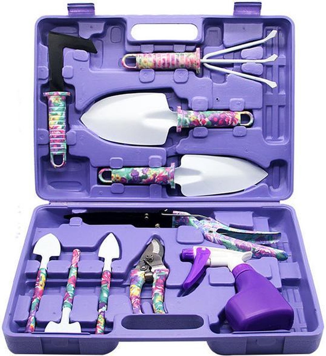 10-teiliges Gartengeräte-set Mit Lila Blumenmuster Und Ergonomischem Griff