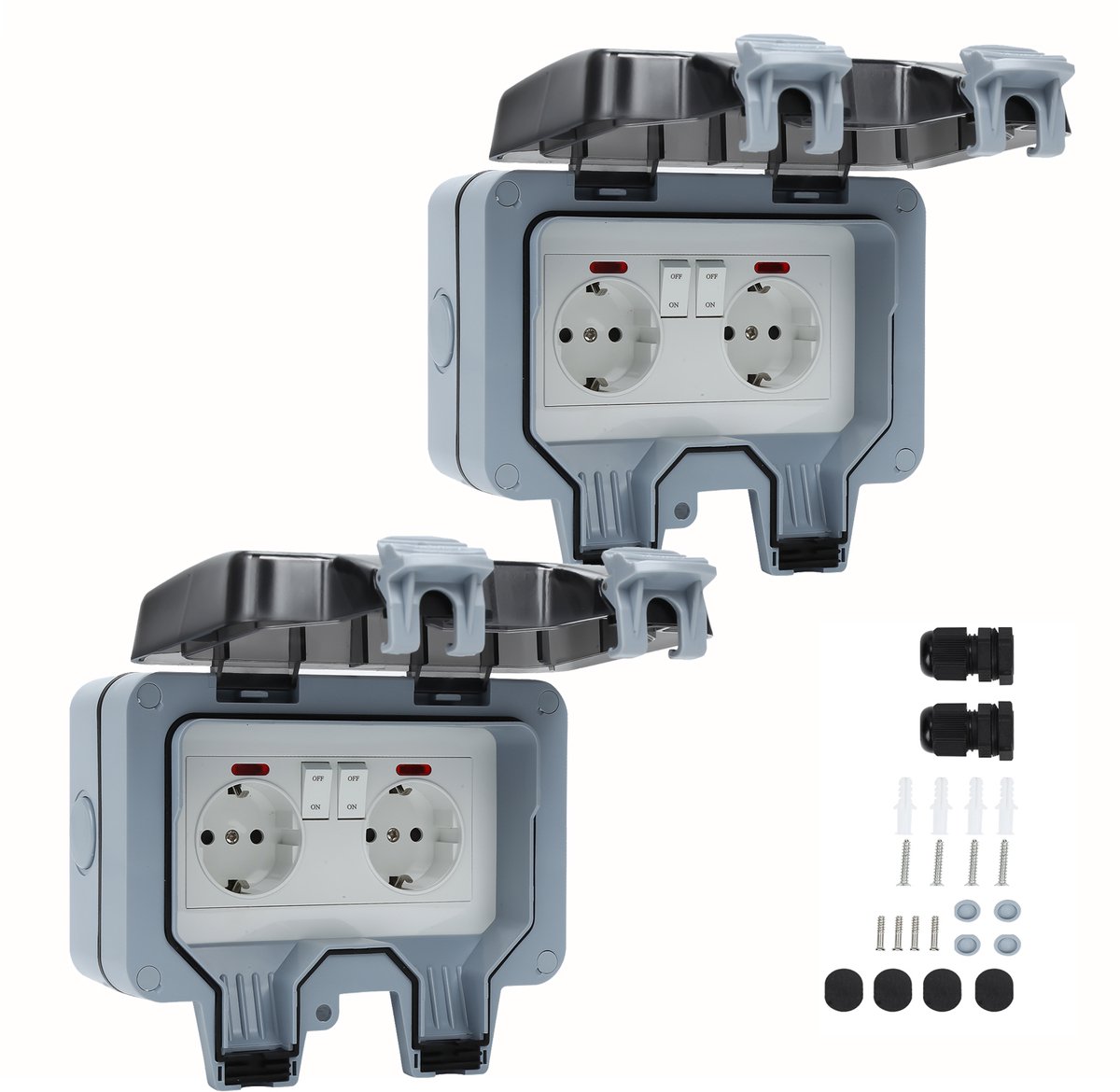 2x Doppel-außensteckdose – Außenwandsteckdose – Ip66 – Außensteckdose – Wandsteckdose – Stecker – Inklusive Kabeldurchführung