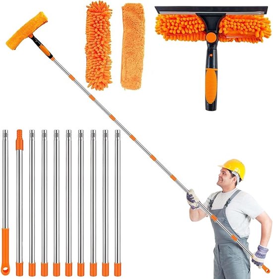Fensterwischer – Fensterreiniger – 40 Cm Wischer Mit Teleskopstange (160–415 Cm) – Inklusive Zwei Ersatzköpfen