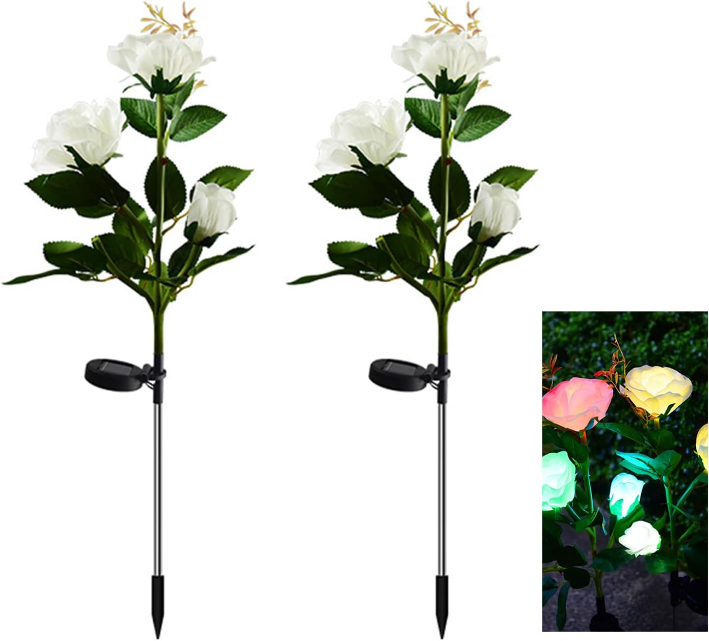 Zwei Solar-gartenleuchten Für Den Außenbereich, Künstliche Rosen, Landschaftsbeleuchtung, Terrassen, Wege, Partys, Gärten, Innenhöfe, Rosa, 3 Köpfe