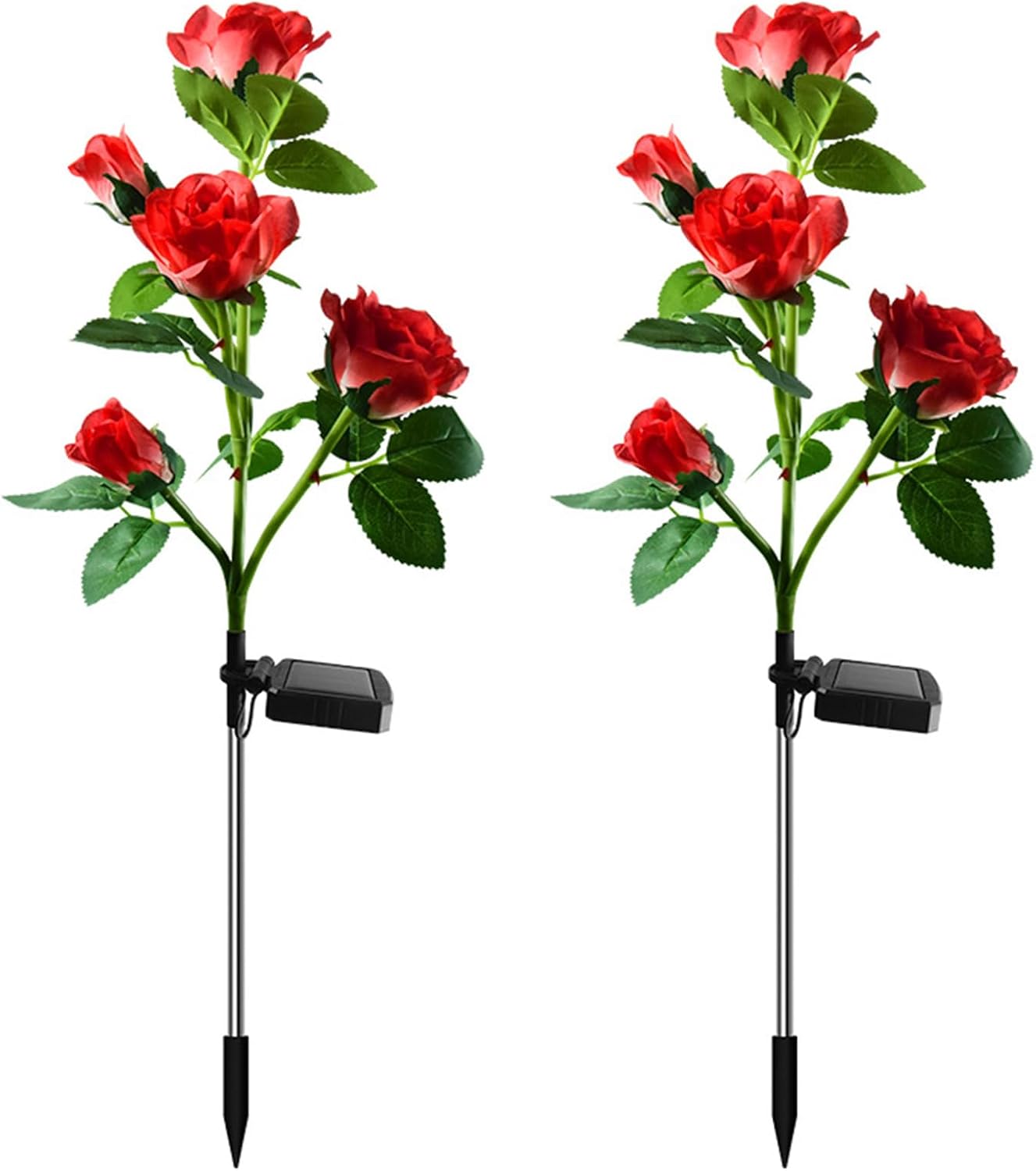 Zwei Solarbetriebene Led-dekorationsleuchten Für Gärten Mit Simulierten Rosenmotiven (rot - 5 Rosenköpfe).