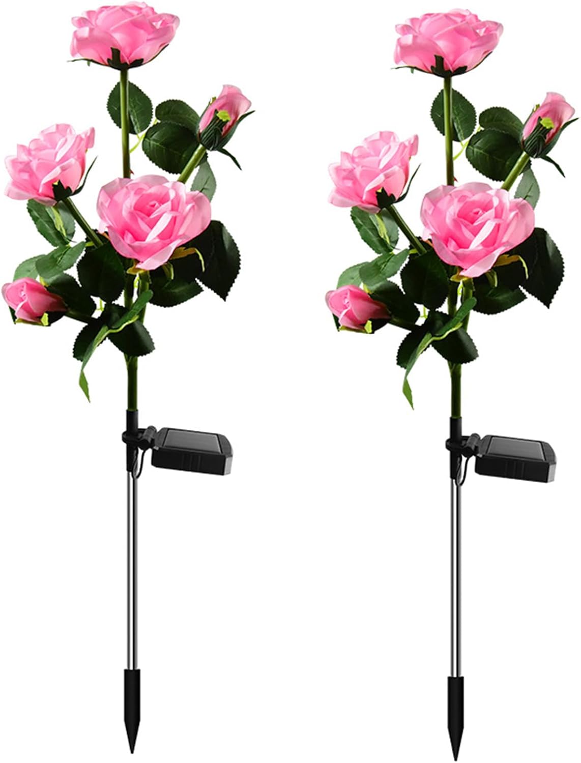 Zwei Solarbetriebene Led-dekorationsleuchten Für Gärten Mit Simulierten Rosenmotiven (rosa - 5 Rosenköpfe).