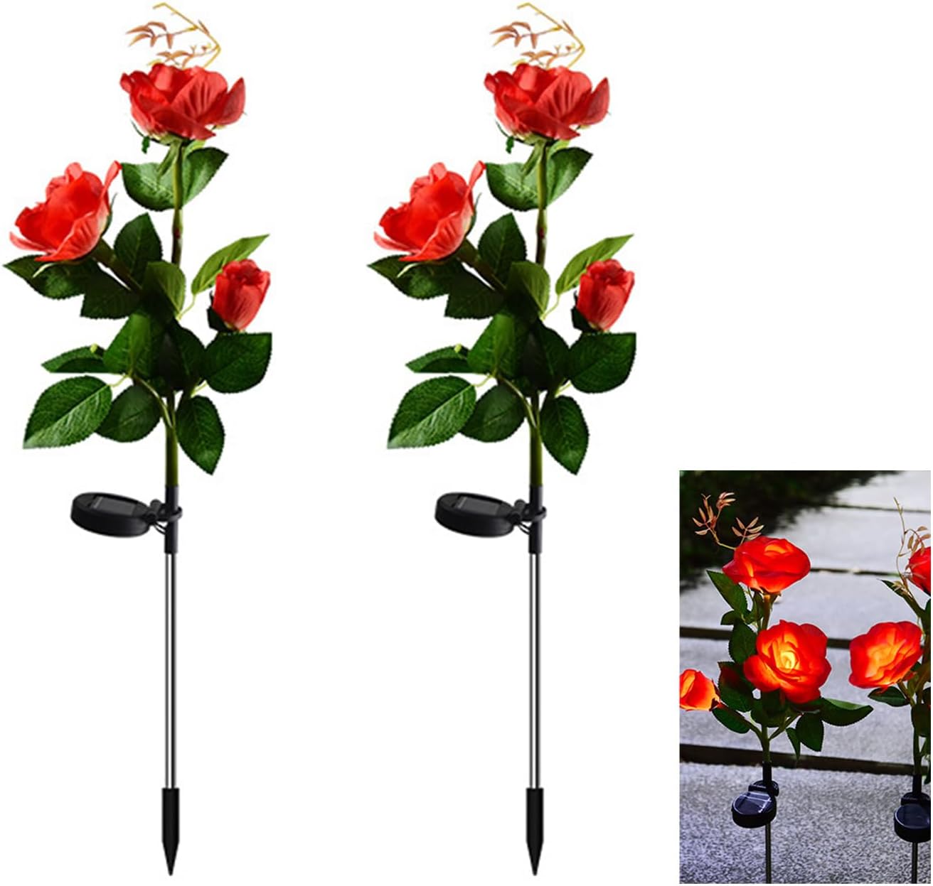 Zwei Solarbetriebene Led-dekorationsleuchten Für Gärten Mit Simulierten Rosenmotiven (rot - 3 Rosenköpfe).