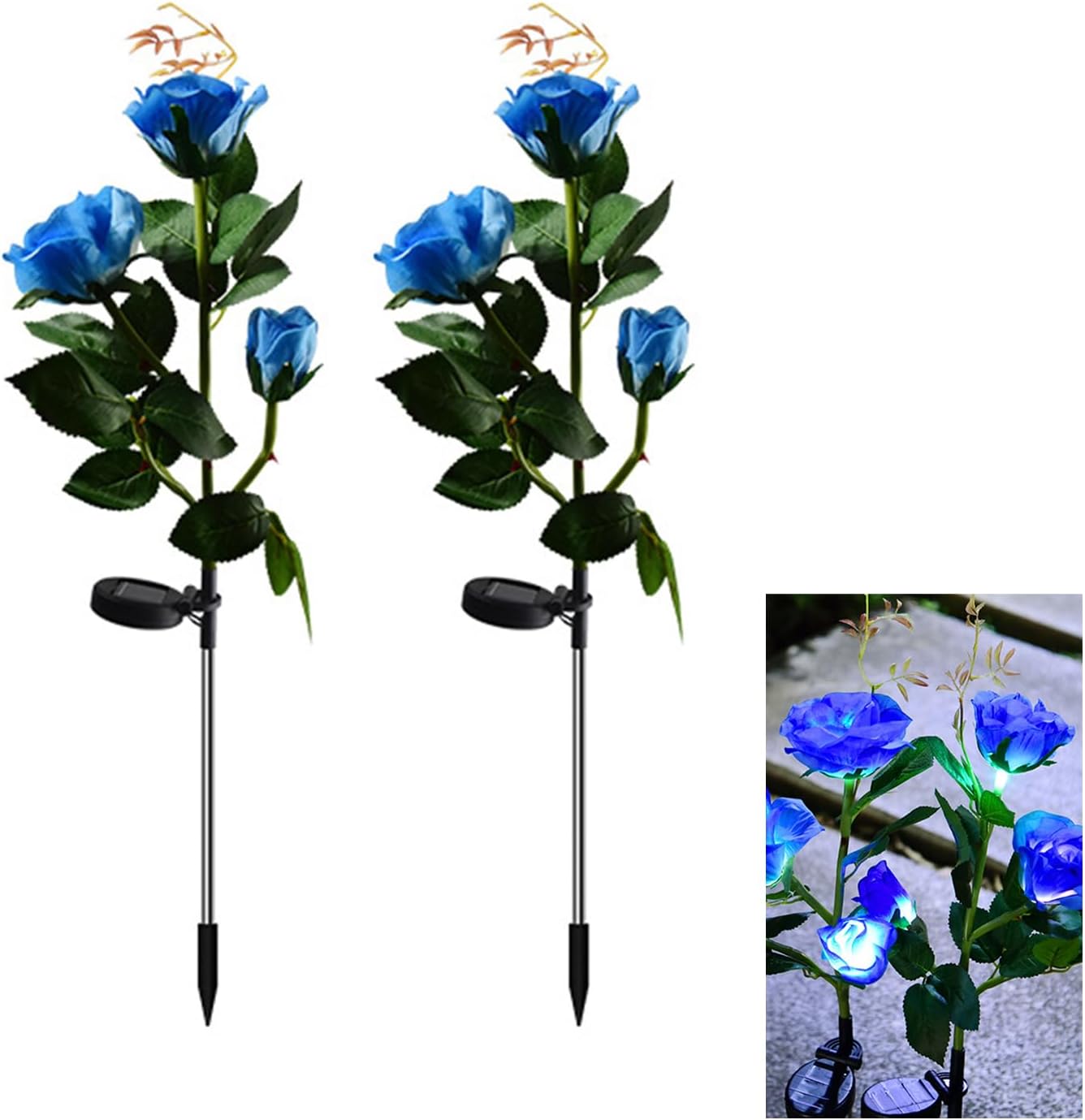 Zwei Solarbetriebene Led-dekorationsleuchten Für Gärten Mit Simulierten Rosenmotiven (blau - 3 Rosenköpfe).