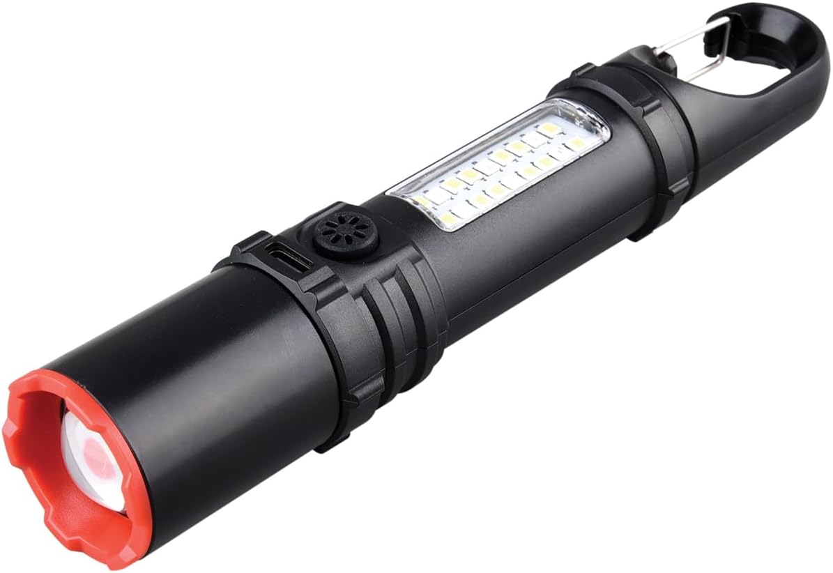 Wiederaufladbare Led-taschenlampe (3 W, 250 Lumen) Mit Zoomfunktion Und Weißem/rotem Seitenlicht, Dimmbarem Licht, Integriertem Akku Und Usb-c-kabel.