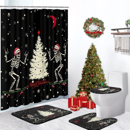 4-teiliges Weihnachts-badezimmer-set – Lustiger Totenkopf-weihnachtsmann (schwarz) – Duschvorhang + Badematten + Accessoires – Winterliche Festtagsdekoration