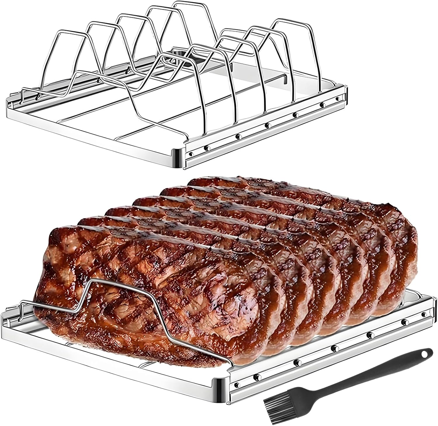 2-teiliger Rippchenhalter Zum Räuchern Und Grillen – Edelstahl – 4 Schlitze – Faltbar – Leicht Zu Reinigen – Grillzubehör
