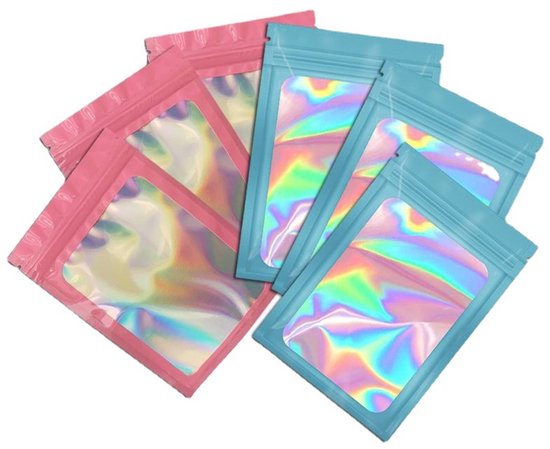 100 Stück, Geschenktüten, 16 X 9 Cm, Gastgeschenktüten, Süßigkeitentüten, Wiederverschließbare Beutel, Holografische Mylar-beutel, Schmucktüten, Mit Sichtfenster, Rosa Und Blau