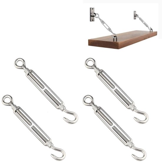 Set Mit 4 Haken-ösen-schraubclips Und Verstellbaren Spannern Aus Edelstahl M4 304 (11 X 1 Cm) – Silber