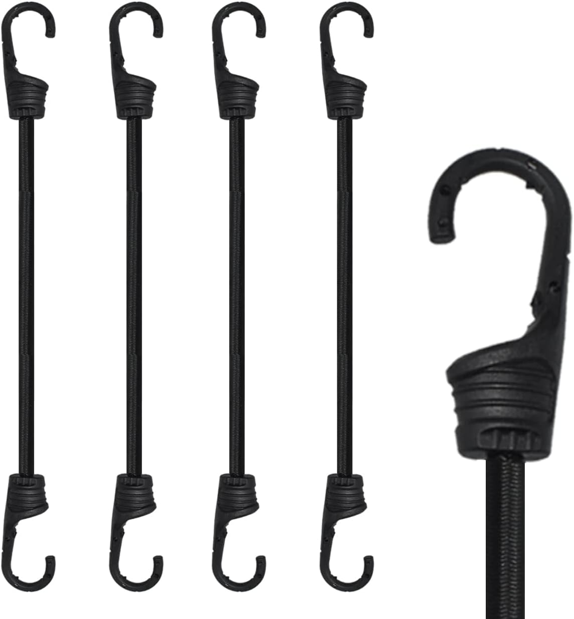 30 Cm Langes Elastisches Seil Mit Haken, Schwarz, Geeignet Für Camping, Radfahren, Falträder, Koffer Usw. [4 Stück, Kunststoffbeschichteter Stahlhaken]