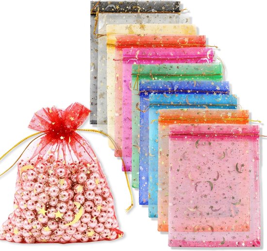 100 Organzabeutel, Organza-geschenktüten, Größe 7 X 9 Cm, Mit Mond- Und Sternenmuster, Erhältlich In Verschiedenen Farben.