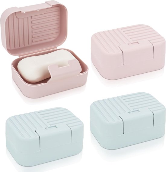 4-teiliges Seifenschalen-set, 11 X 7,5 X 5 Cm, Pp-material, Grün/rosa, Seifenschale Mit Deckel, Seifenablage, Seifenbox, Tragbare Seifenbox Mit Streifenmuster, Reise-seifenbox