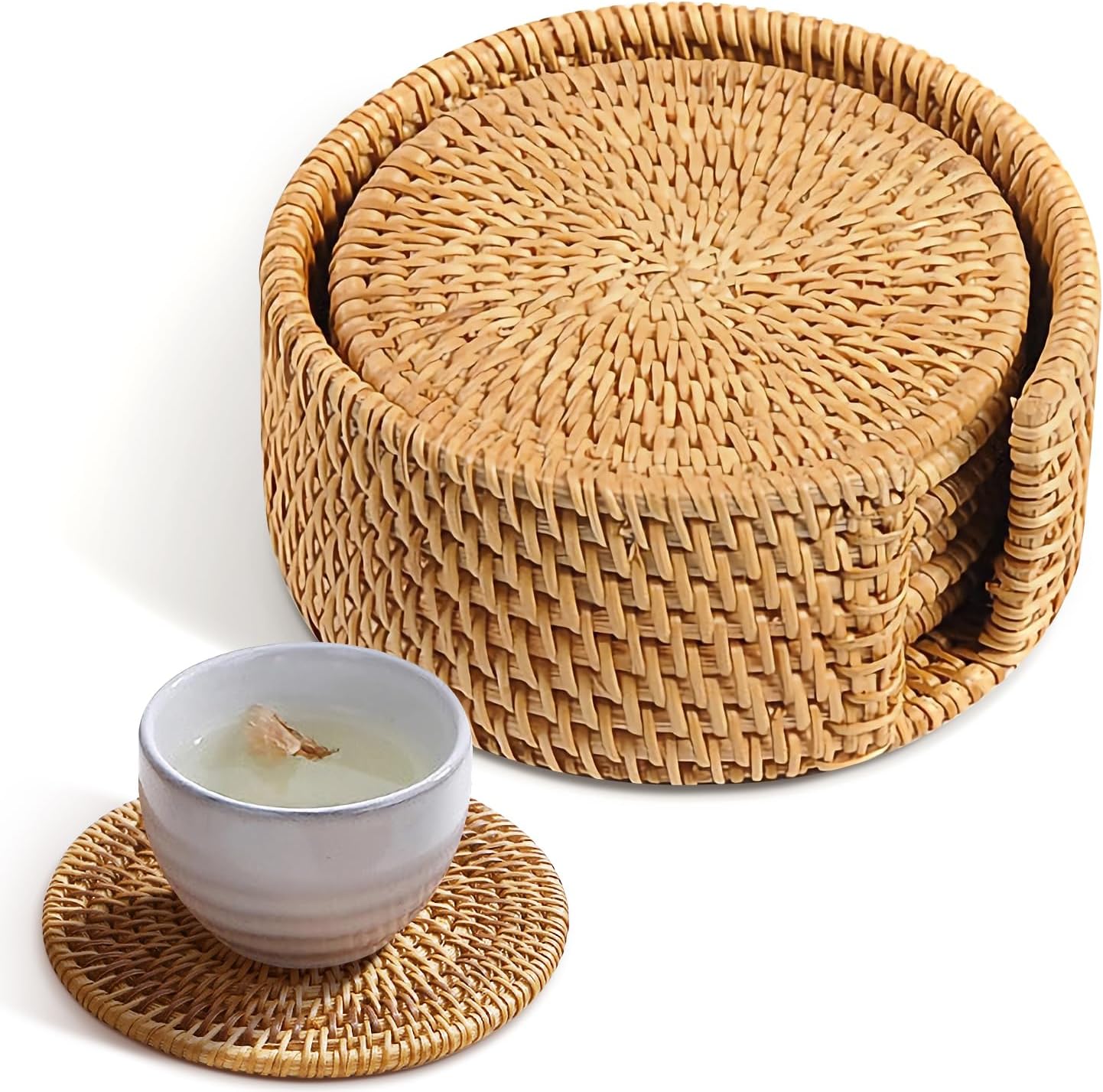 Tee-untersetzer-set, Gewebt Mit Ständer, 6-teilig, Runde Rattan-platzsets Mit 7,6 Cm Durchmesser, Handgewebt Zur Dekoration Des Küchentisches.