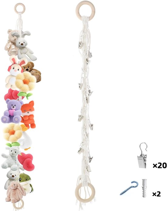 2-teiliges Boho-spielzeugaufbewahrungsketten-set, Hängender Plüschorganizer Mit 20 Metallclips, Raumdekoration