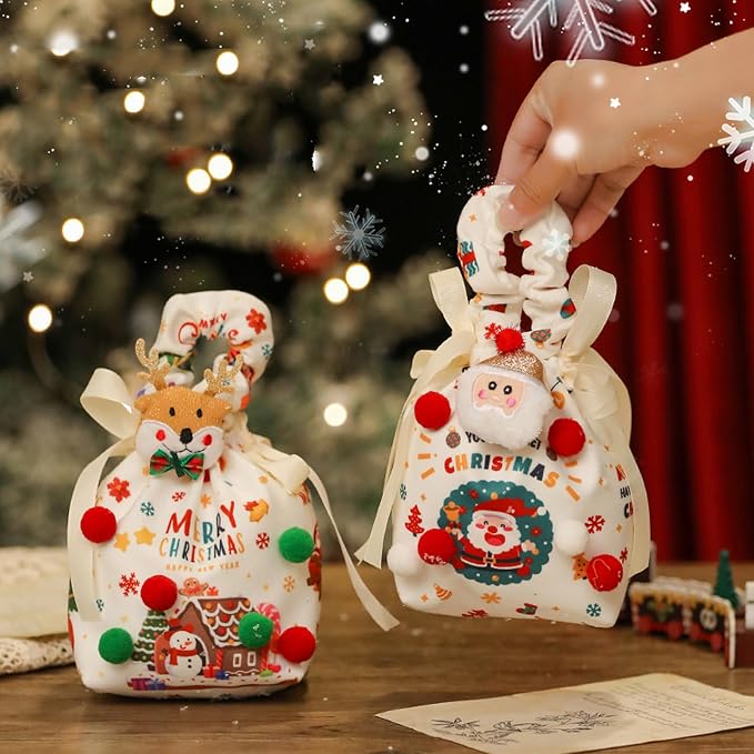 Weihnachtsgeschenktüten – Süßigkeitentüten – Wiederverwendbare Weihnachtsgeschenktüten Mit Kordelzug Und Weihnachtsmannfigur – Handtasche Zum Einpacken Von Apfelbonbons
