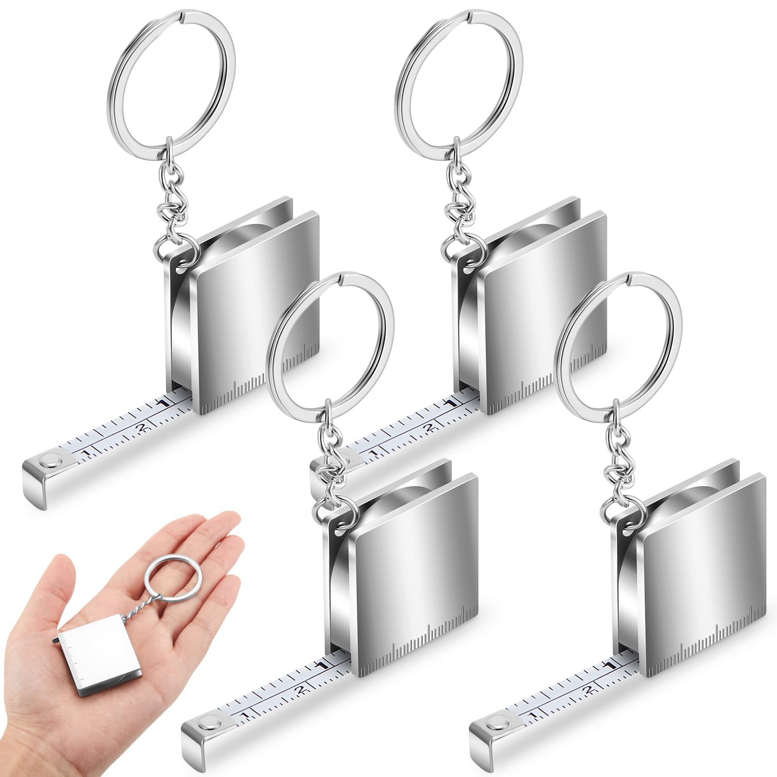 Mini-maßband-schlüsselanhänger Aus Metall, Maßband Bis Zu 39,37 Zoll/4,33 Fuß, Kleiner Teleskopierbarer Mess-schlüsselanhänger (4 Stück, Silber)
