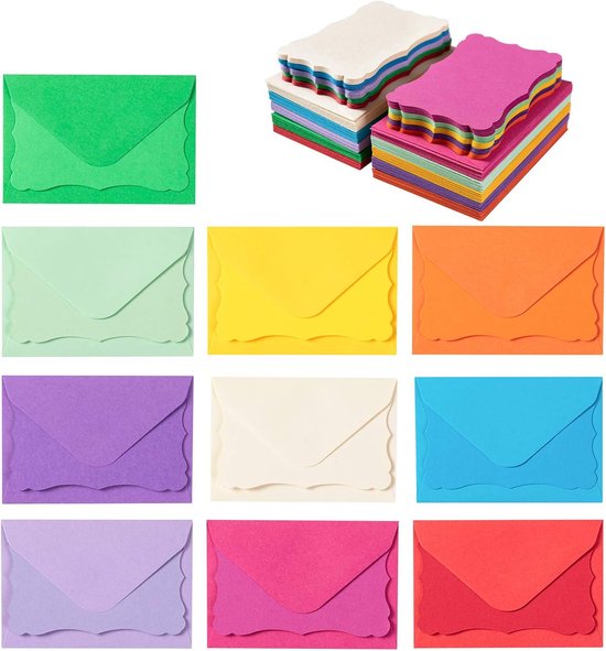 Set Mit 100 Mini-umschlägen Und Farbigen Blanko-grußkarten – Selbstklebende Umschläge – Kleine Selbstklebende Umschläge Für Visitenkarten (10 X 7 Cm, 10