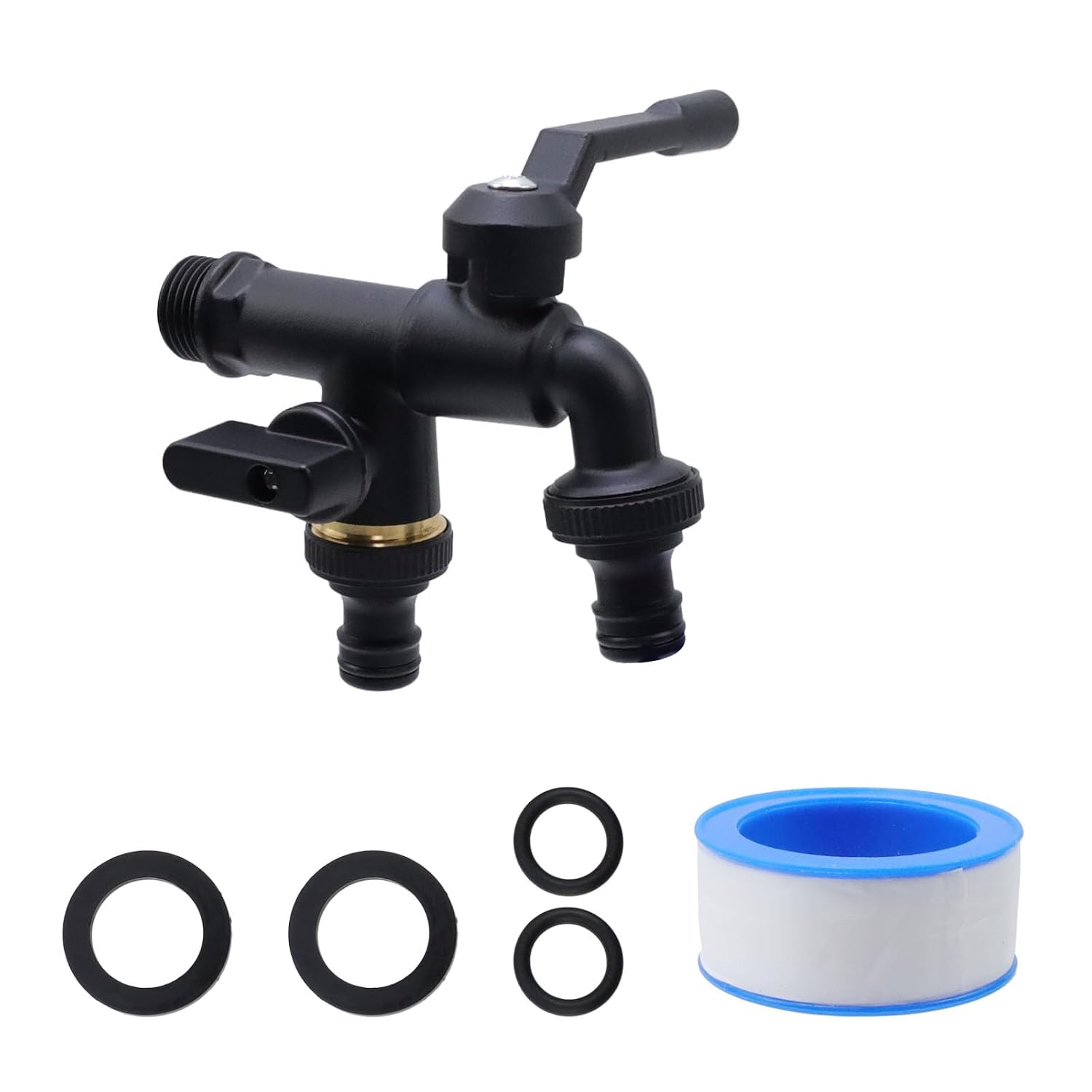 Schwarzer Doppelkopf-wasserhahn 1/2" Aus Reinem Kupfer, Frostsicher, Für Den Außenbereich, Als Ersatzteil, Zweiwege-wandarmatur Aus Messing Mit Separatem Griff, Für Rasenflächen Und Balkone, 1 Stück