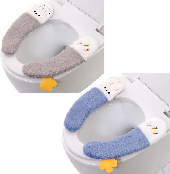 2 Paar Verdickte, Waschbare Plüsch-toilettensitzbezüge Mit Kleberückseite (blau/grau)