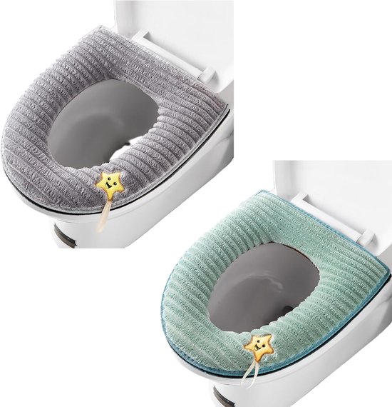 2 Stück Verdickte, Weiche, Waschbare Toilettensitzkissen Mit Griffen (grau/grün)