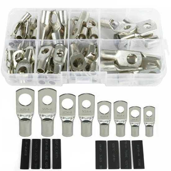Kabelschuhe, 140-teiliges Set, 60 Kabelschuhe Mit 80 Schrumpfschläuchen, Kabelklemmen, Kabelenden, Sc6-6 / Sc6-8 /, Kupfer, Silber