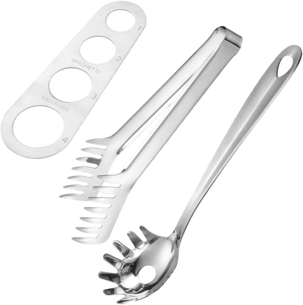 Dreiteiliges Pasta-besteckset Aus Edelstahl: Zange, Pastalöffel, Messbecher – Praktisches Koch- Und Servierzubehör.