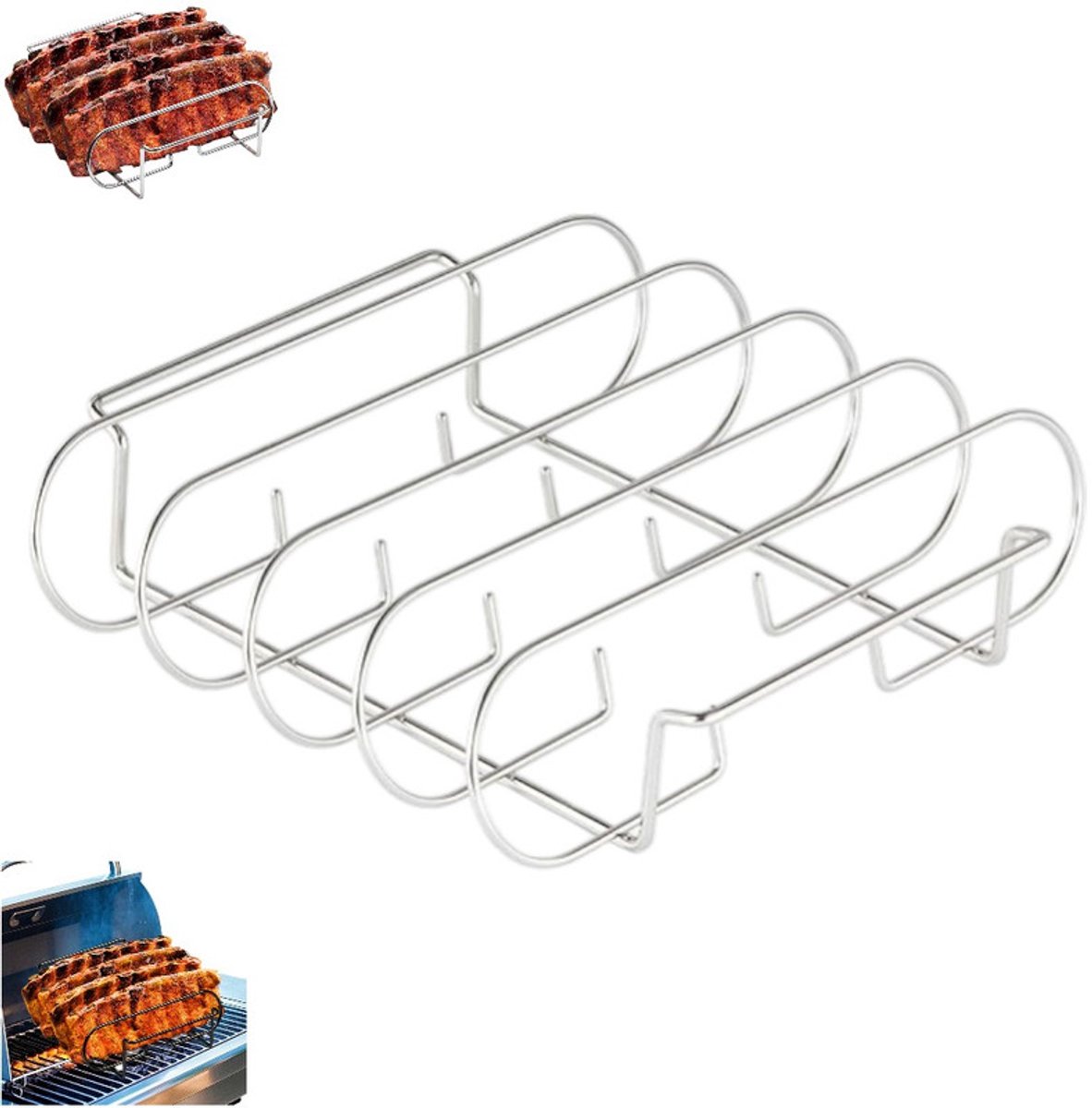 Rippchenhalter – Bbq-rippchenrost – Silber – Fleisch- Und Rippchenrost – Grillzubehör – Rippchenrost Aus Edelstahl – Geeignet Für Grills