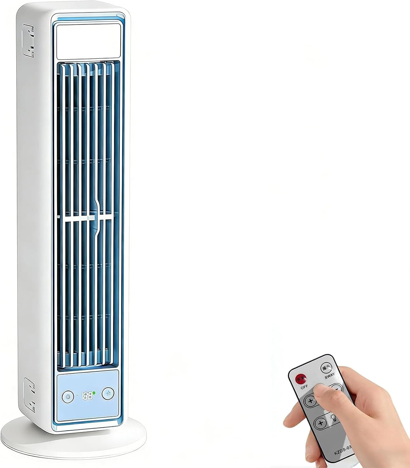 Tragbarer, Leiser, Oszillierender Turmventilator Ohne Rotorblätter – 3 Geschwindigkeitsstufen – Abschaltautomatik – Timer – Digitalanzeige – Hellblau – Wohnzimmer