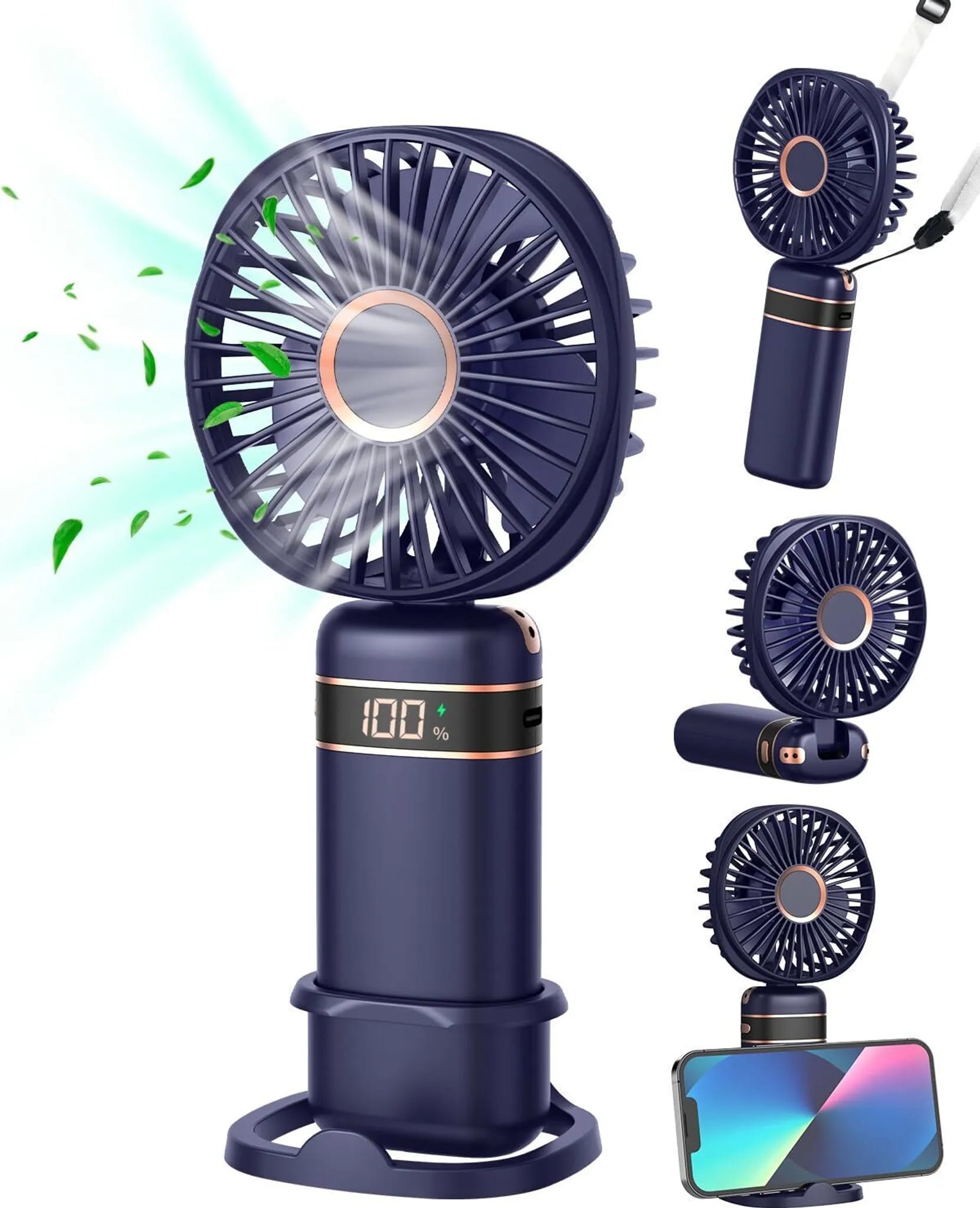 3-in-1-handventilator, Tragbarer Usb-handventilator, Faltbarer Mini-ventilator, 5 Windgeschwindigkeitsstufen, Geeignet Für Den Einsatz Zu Hause Und Im Freien, Blau.