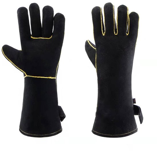 1 Paar Grillhandschuhe – Hitzebeständige Leder-grillhandschuhe – Lange Universalgröße – Ofenhandschuhe/kaminhandschuhe/kochhandschuhe – Schwarz