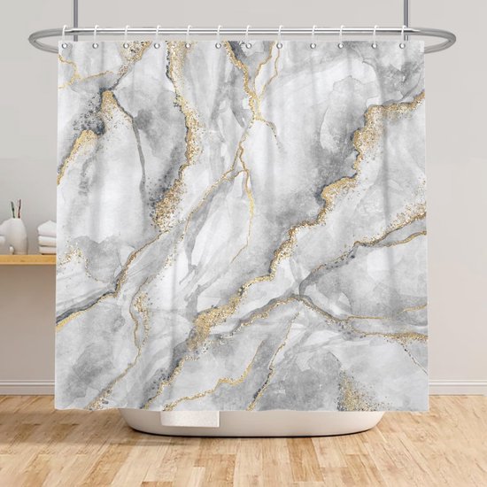 3d-duschvorhang In Marmoroptik – Gold/grau (abstrakt) – Wasserdicht – 180 X 200 Mm