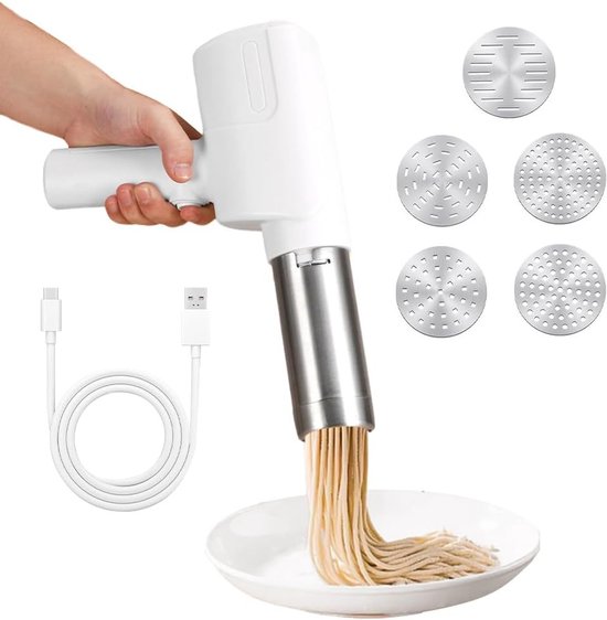 Tragbare Elektrische Nudelmaschine Mit 2000 Mah Akku, Wiederaufladbarem Automatikgerät Und 5 Austauschbaren Formen Für Frische Pasta Und Spaghetti